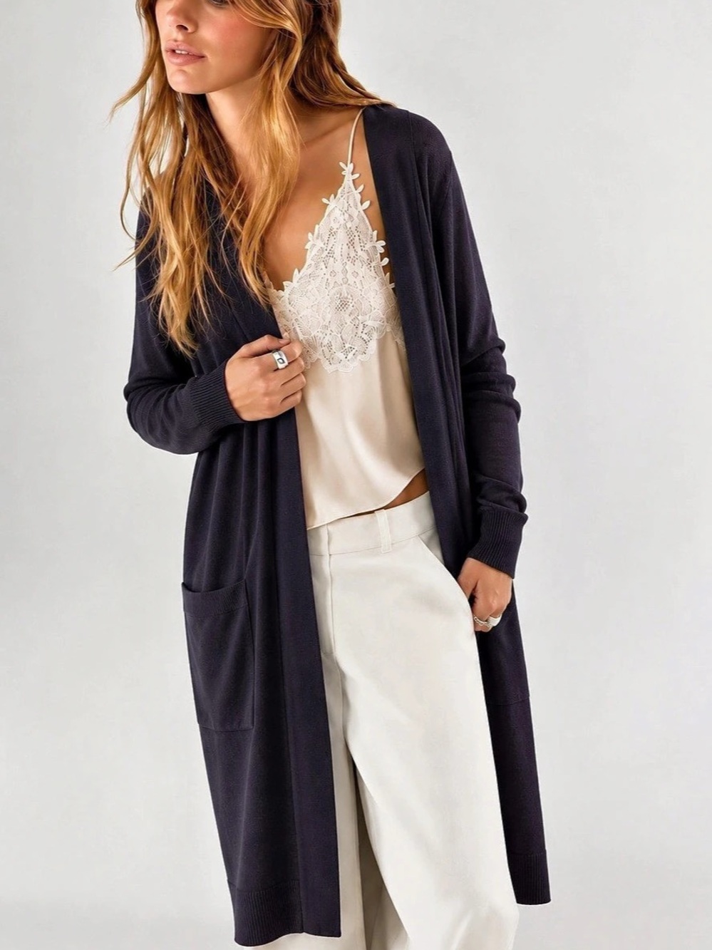 371. Cleo Petites Long Open-Front Cardigan in Purple Size XS Like New